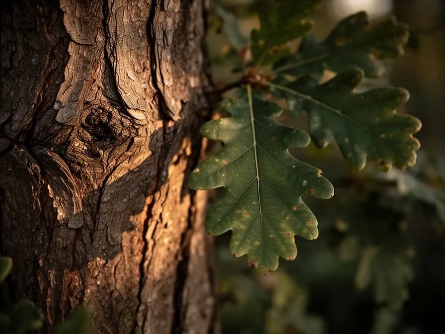 Cluster of ripe brown acorns nestled in their textured cupules on a branch