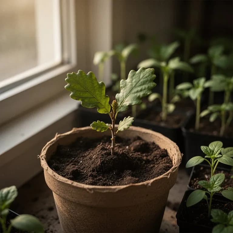 Young oak seedling emerging from an acorn with its first pair of lobed leaves