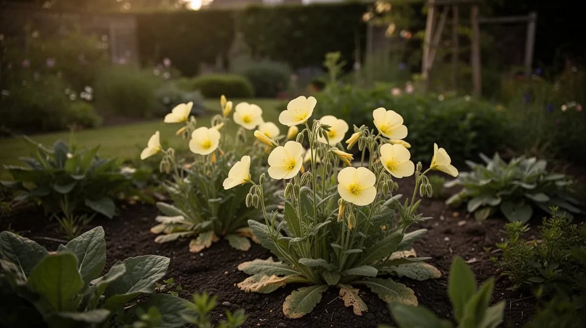 Ein Meer von Nachtkerzen in voller Blüte entlang eines Gartenrandes in der Abenddämmerung