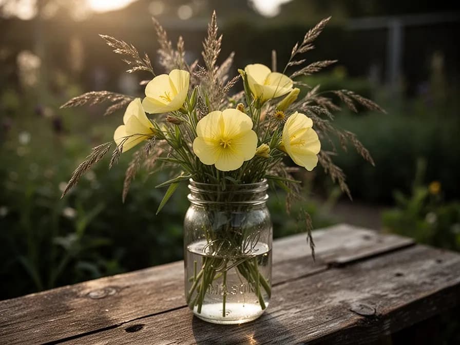 Flores y hojas secas de prímula de tarde rosa dispuestas sobre una superficie de madera junto a un tarro de cristal con aceite infusionado