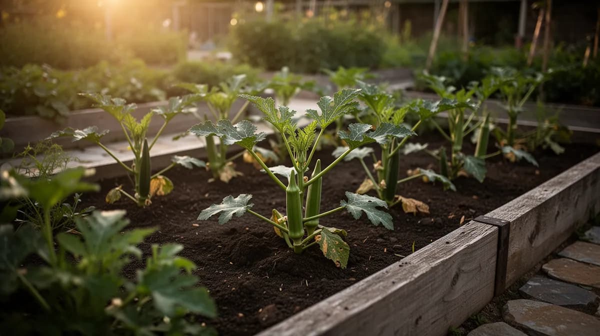 Tall okra plants growing in a sunny summer garden bed