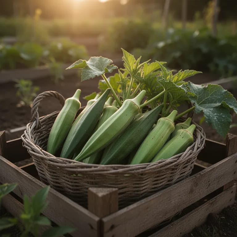Freshly harvested okra pods in a woven basket