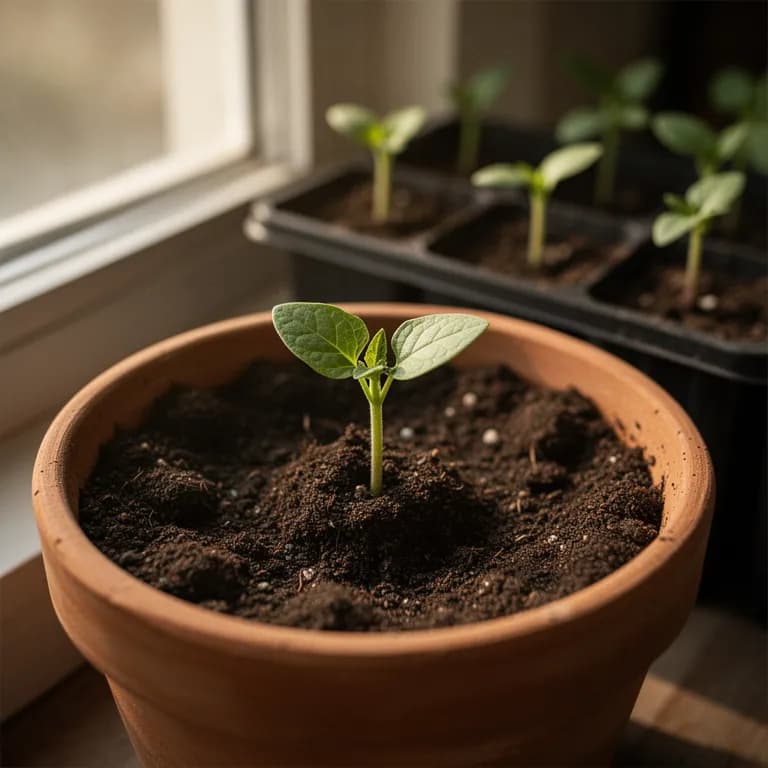 Young okra seedling with rounded cotyledon leaves emerging from warm soil