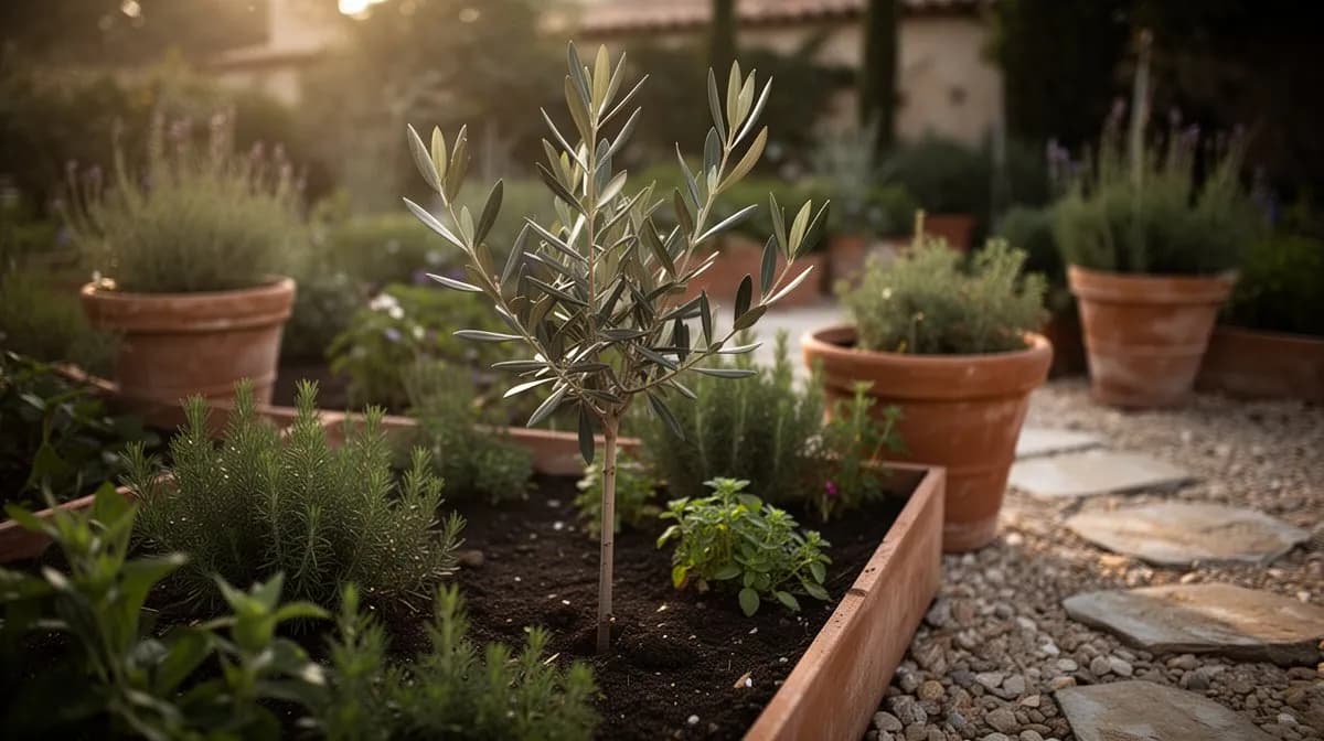 Olivenbaum in einem großen Terrakotta-Topf auf einer sonnigen Terrasse
