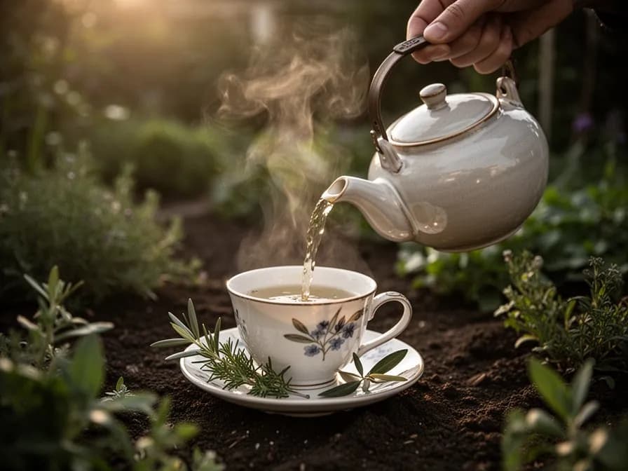 Eine Tasse goldener Olivenblatt-Tee mit frischen Blättern daneben