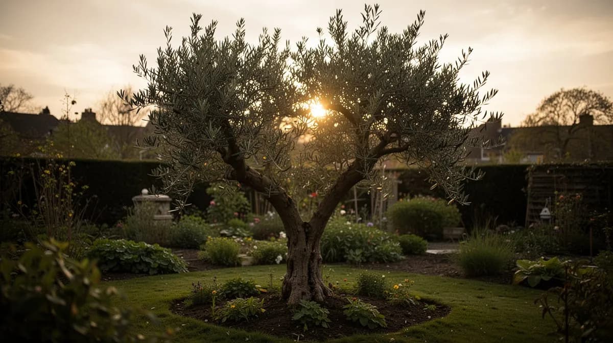 Dwarf olive tree growing in a large terracotta pot on a patio