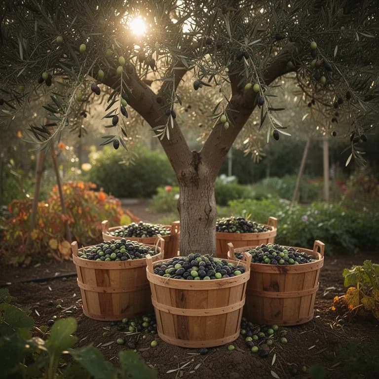 Green unripe olives growing on a branch in summer