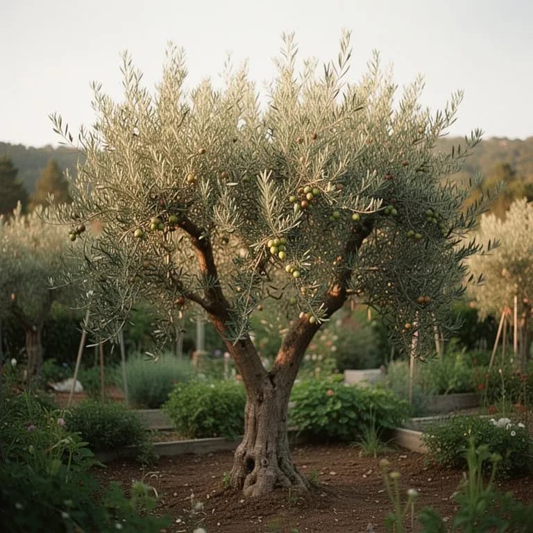 Gardener pruning an olive tree to maintain an open canopy shape