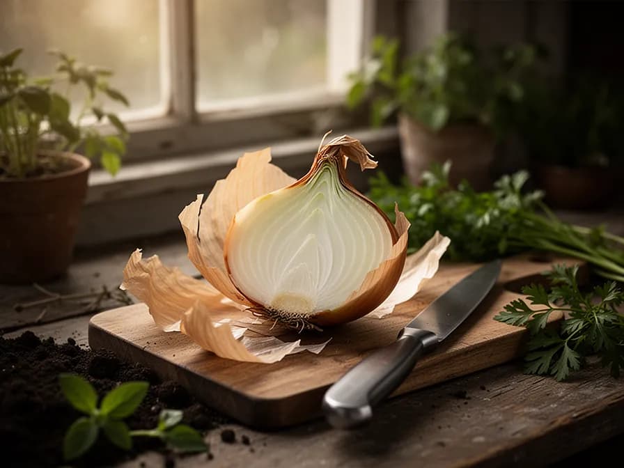 Aufgeschnittene rote und gelbe Zwiebeln, die konzentrische Ringschichten zeigen