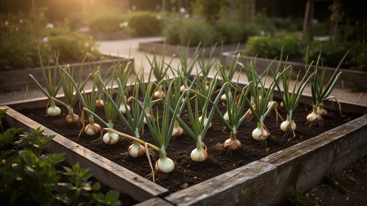 Reihen von Zwiebelpflanzen in einem gut gepflegten Gartenbeet