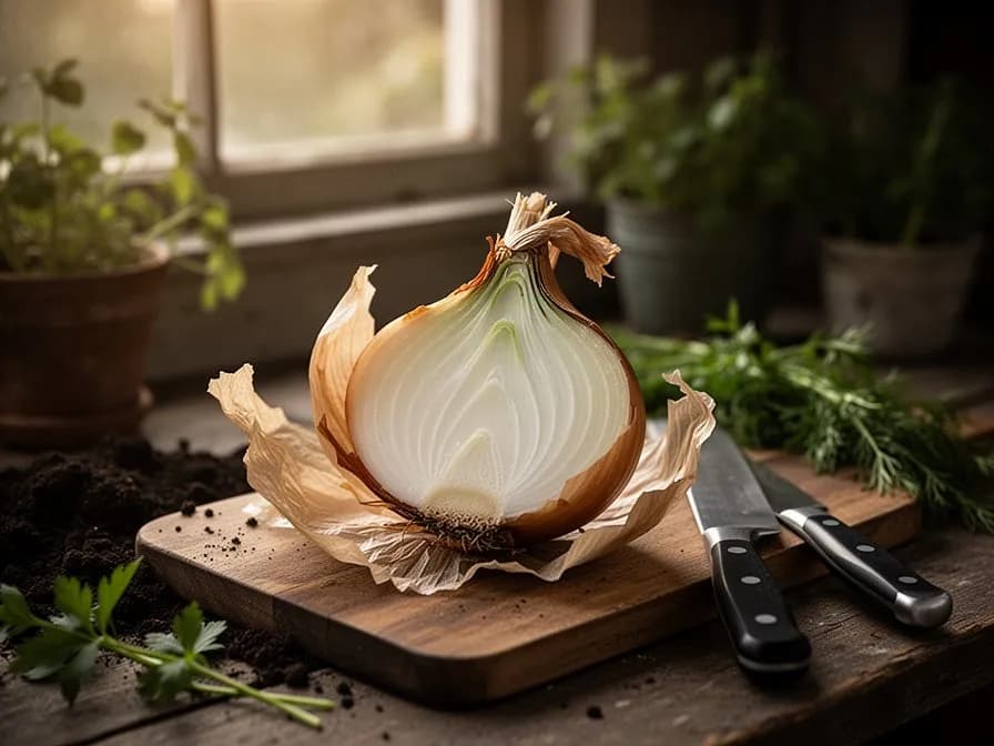 A torpedo onion sliced lengthwise showing concentric pink-tinged and white layers inside