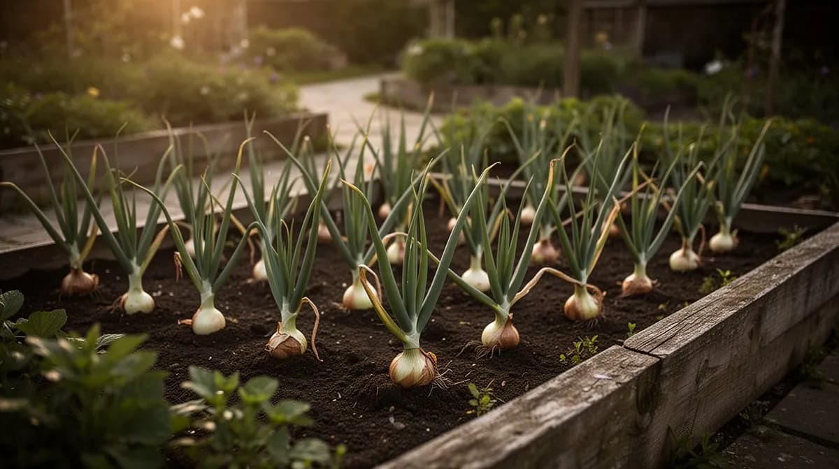 A row of maturing torpedo onions in a sunny Italian-style kitchen garden with straw mulch