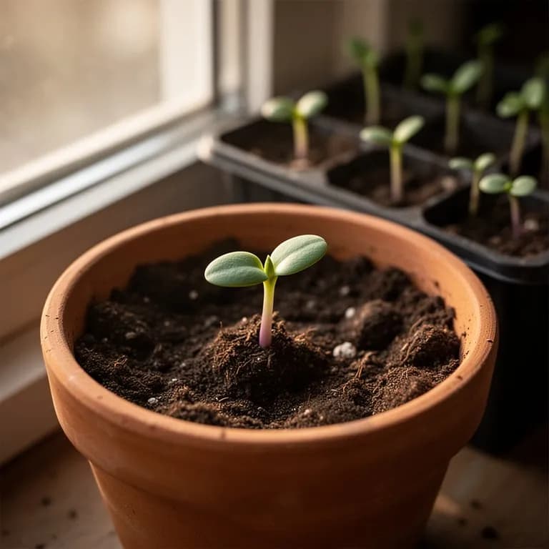 Young torpedo onion seedlings growing in a cell tray with thin grass-like leaves