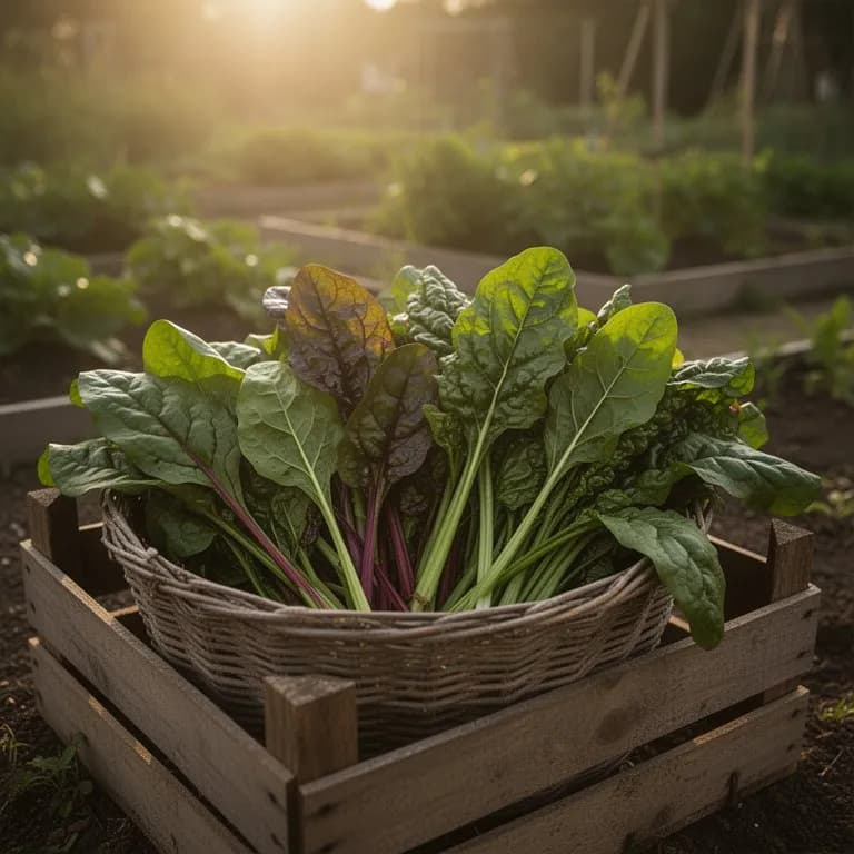 Freshly harvested orach leaves in a colander showing red, green, and golden varieties