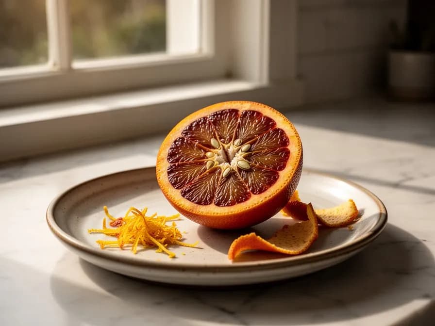 Ausgewachsener Blutorangenbaum mit dunkel getönten Früchten an den Ästen