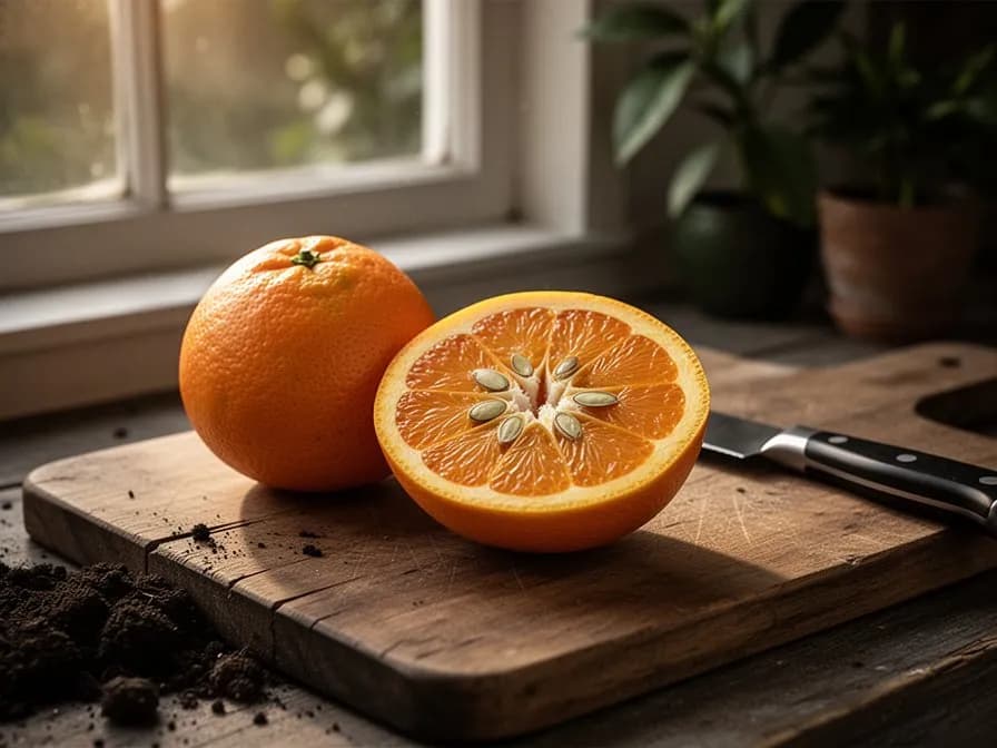 Orange cut in half revealing juicy segments and seeds