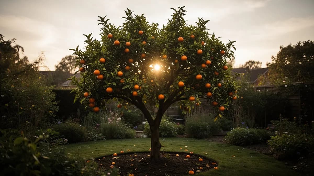 Mature Citrus sinensis tree with a broad evergreen canopy