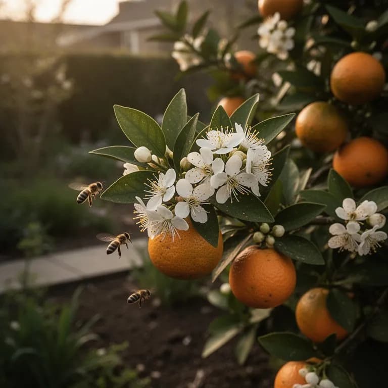 Kleine wachsartige weiße Orangequat-Blüten, die einen süßen Zitrusduft verströmen