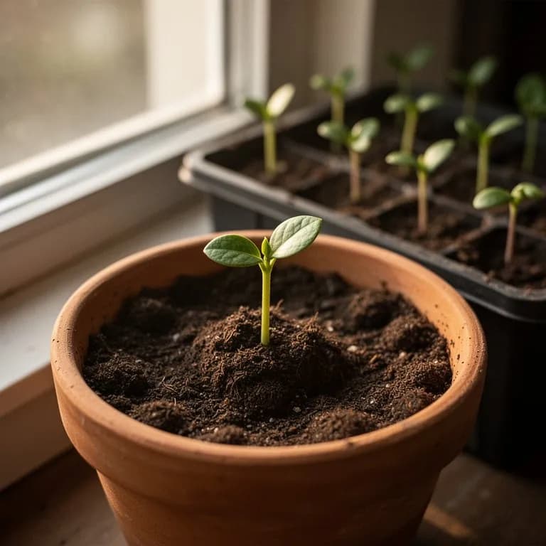 Joven plántula de naranjoquat en una maceta de vivero con hojas brillantes