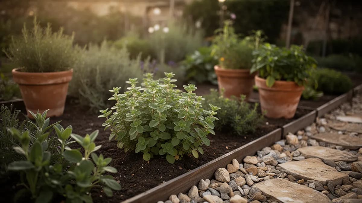 Oregano planted alongside tomatoes and peppers in a garden bed
