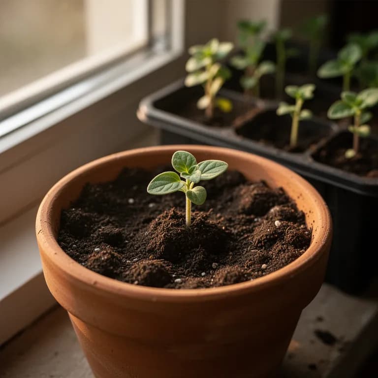 Young oregano seedlings emerging from soil