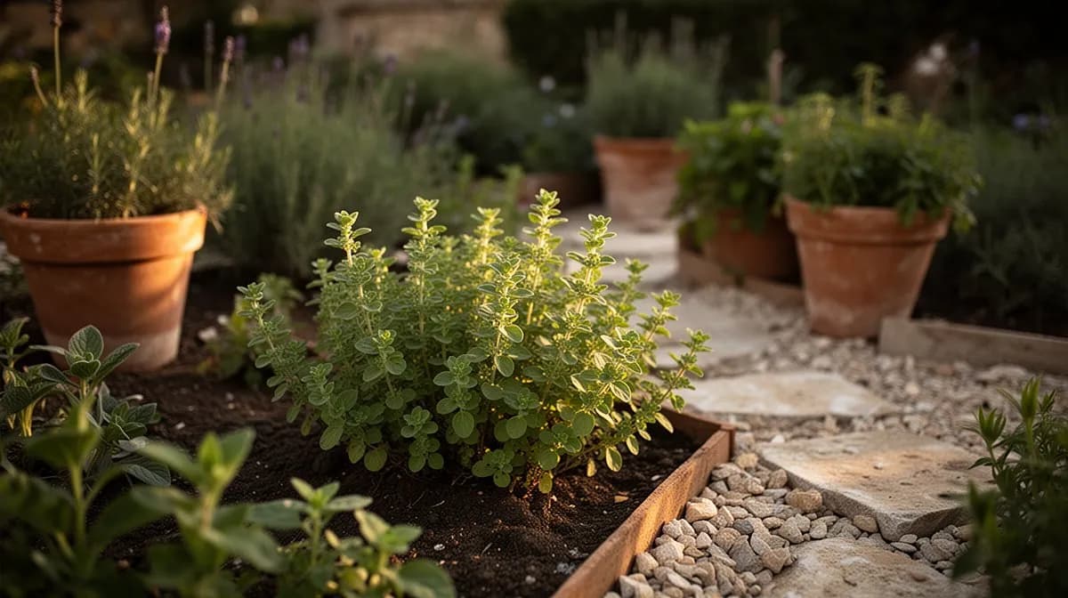 Goldener Oregano als Zierrandpflanze in einem Kräutergarten