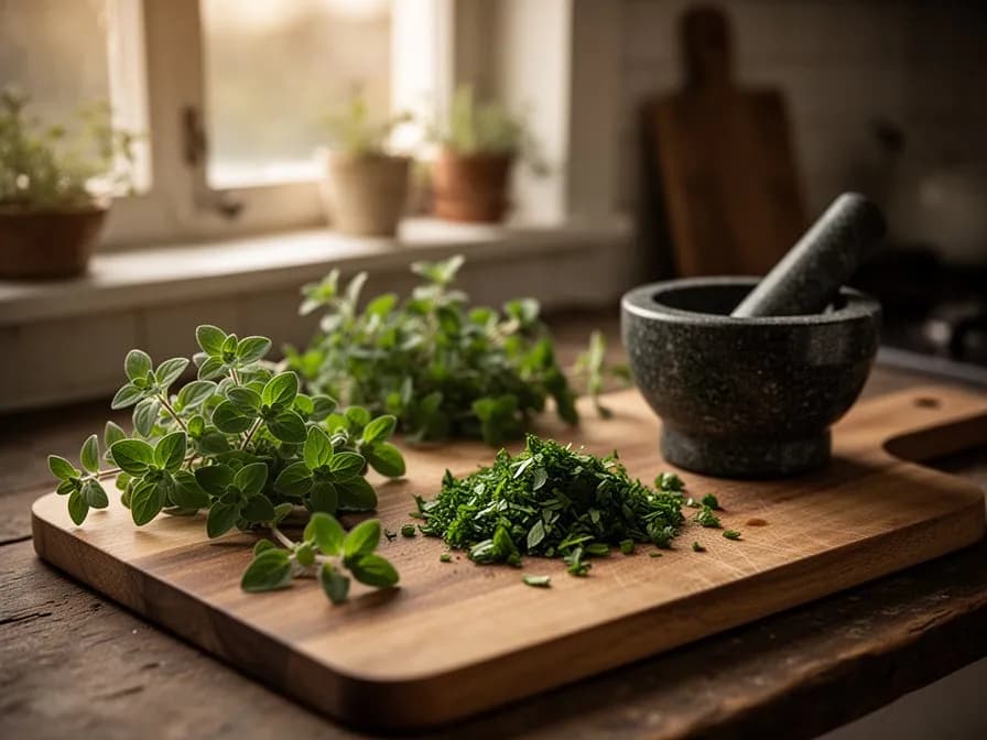 Getrockneter griechischer Oregano, über eine frisch gebackene Margherita-Pizza gestreut
