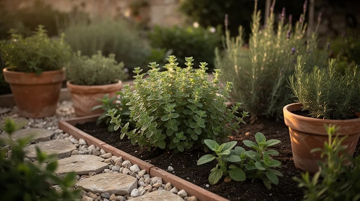 Griechischer Oregano wächst kräftig in einem großen Terrakotta-Topf auf einer sonnigen Terrasse