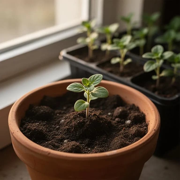 Scharfer und Würziger Oregano-Sämling, der aus der Erde sprießt