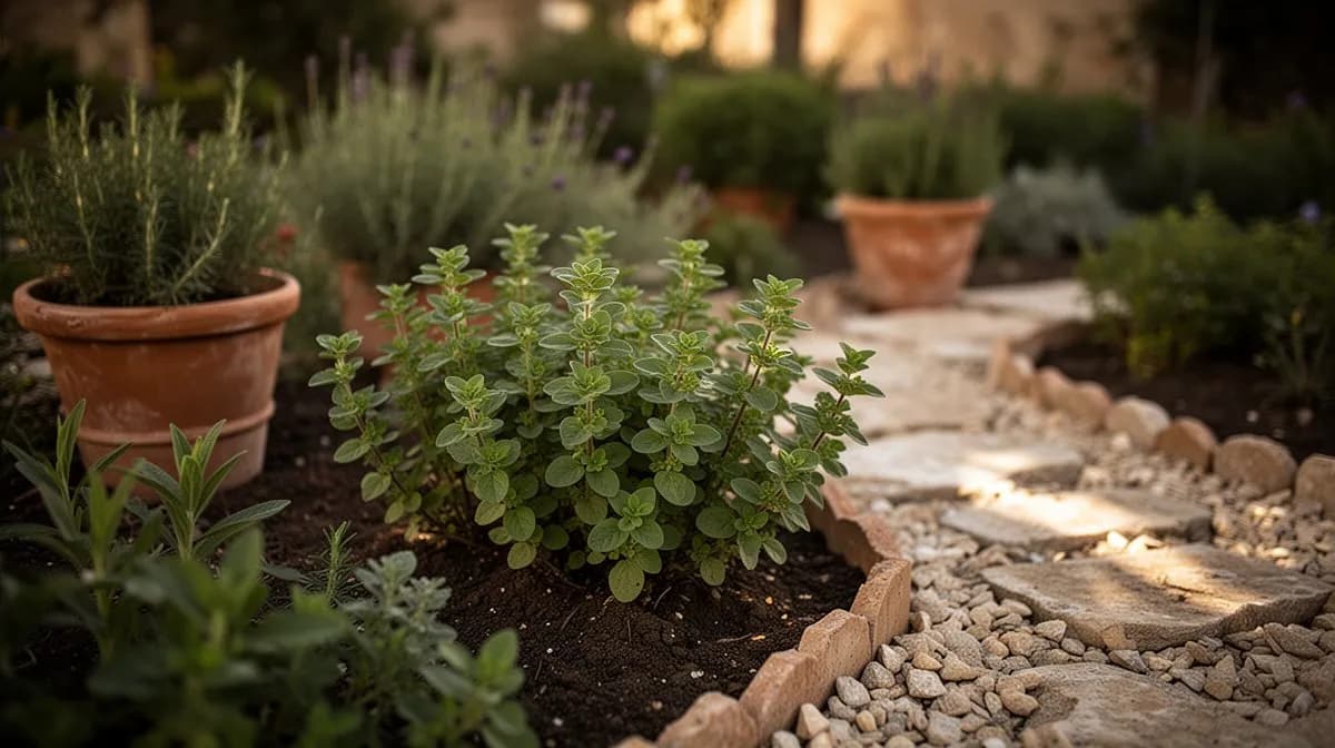 Italienischer Oregano, der in einem Terrakottatopf auf einem sonnigen Balkon gedeiht, mit herabhängenden Trieben über den Rand