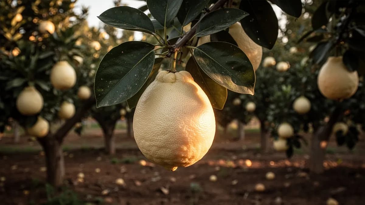 Árbol de Oro Blanco ya adulto con copa redondeada cubierta de grandes frutos amarillo pálido