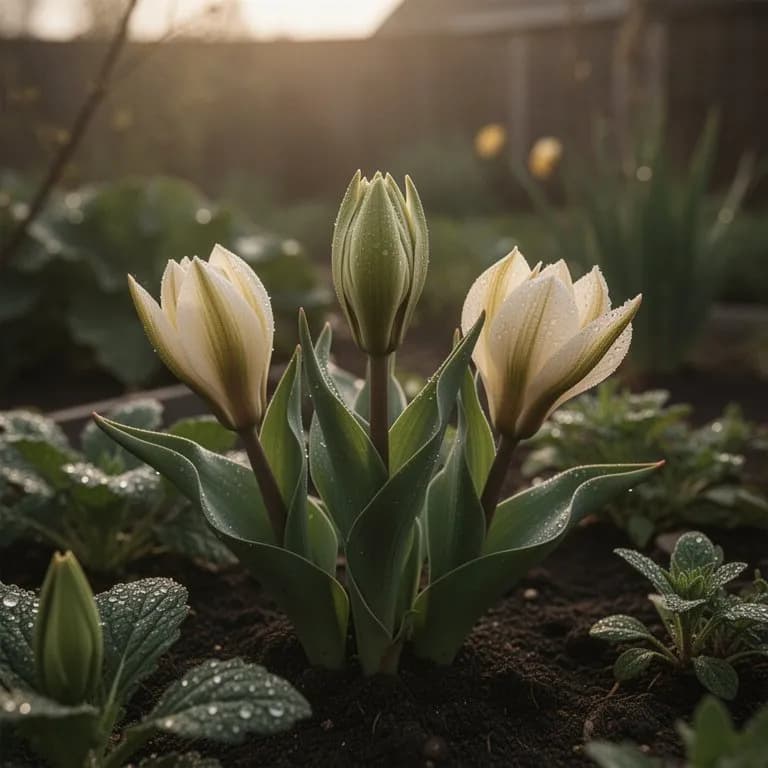 Nahaufnahme einer einzelnen Trompetenzungenblüte mit filigranen dunklen Aderungsmustern auf goldenen Blütenblättern