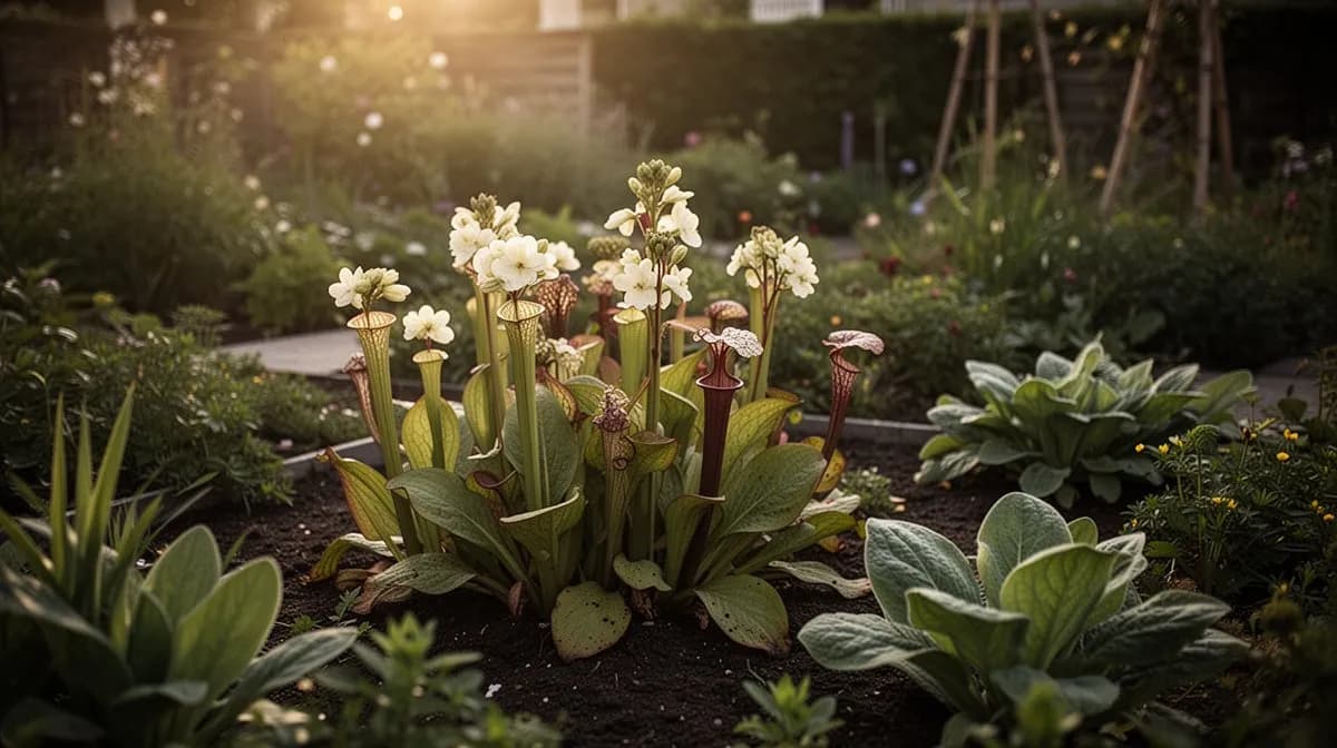 Trompetenzunge wächst neben Kosmeen und Löwenmäulchen in einem Bauerngartenbeet