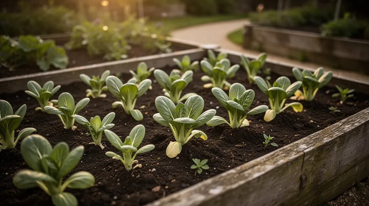 Ordentliche Reihen von Baby Pak Choi, dicht beieinander in einem Hochbeet wachsend