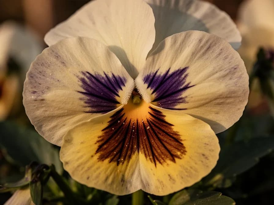Close-up of pansy flowers showing purple, yellow, and white color patterns