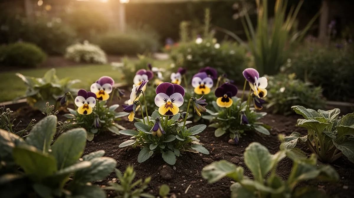 A garden bed filled with pansies in multiple colors