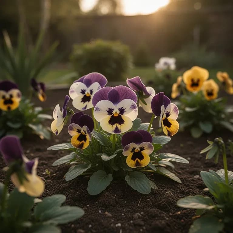 Pansies blooming in early spring with frost on surrounding soil