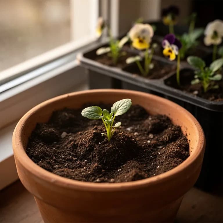 Pansy seedlings emerging in a seed tray