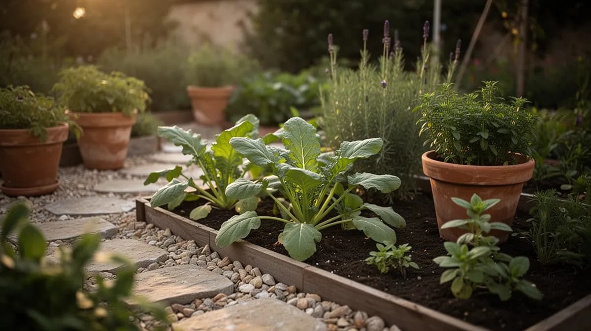Papalo growing in a raised bed garden alongside tomatoes and peppers in full summer sun