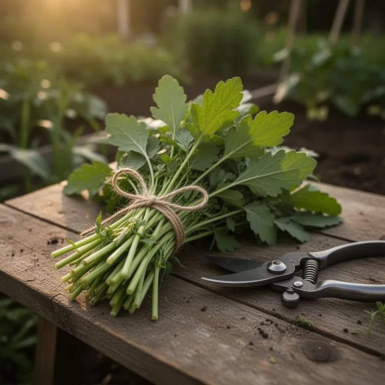 Freshly harvested papalo leaves and tender stem tips arranged on a wooden cutting board