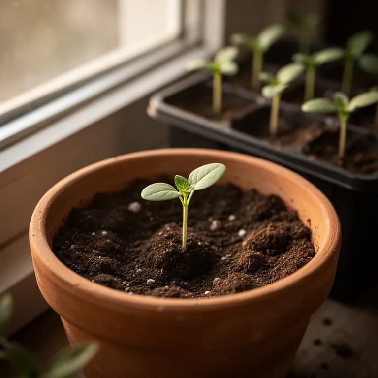 Young papalo seedlings with rounded cotyledon leaves emerging from warm garden soil