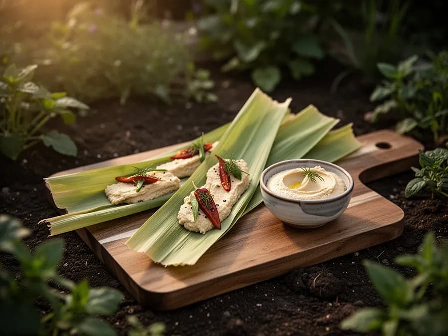 Geschnittenes Papyrusrhizom und junge Triebe, im Wok mit Knoblauch und Chili gebraten