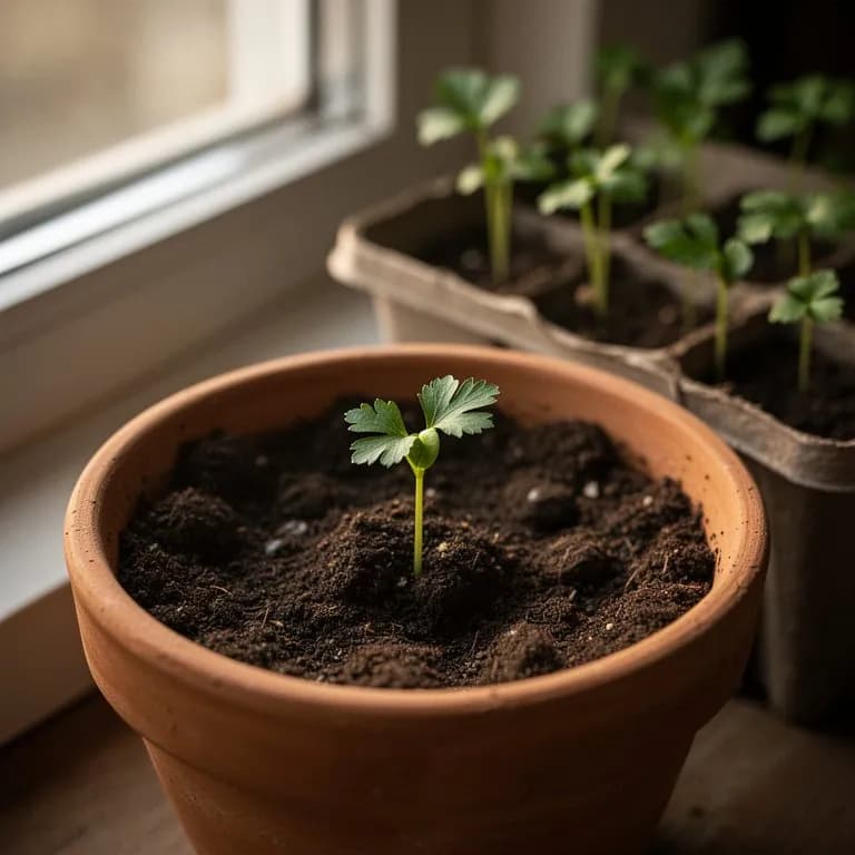 Winzige glattblättrige Petersiliensämlinge, die mit schlanken Keimblättern aus feuchter Blumenerde auftauchen