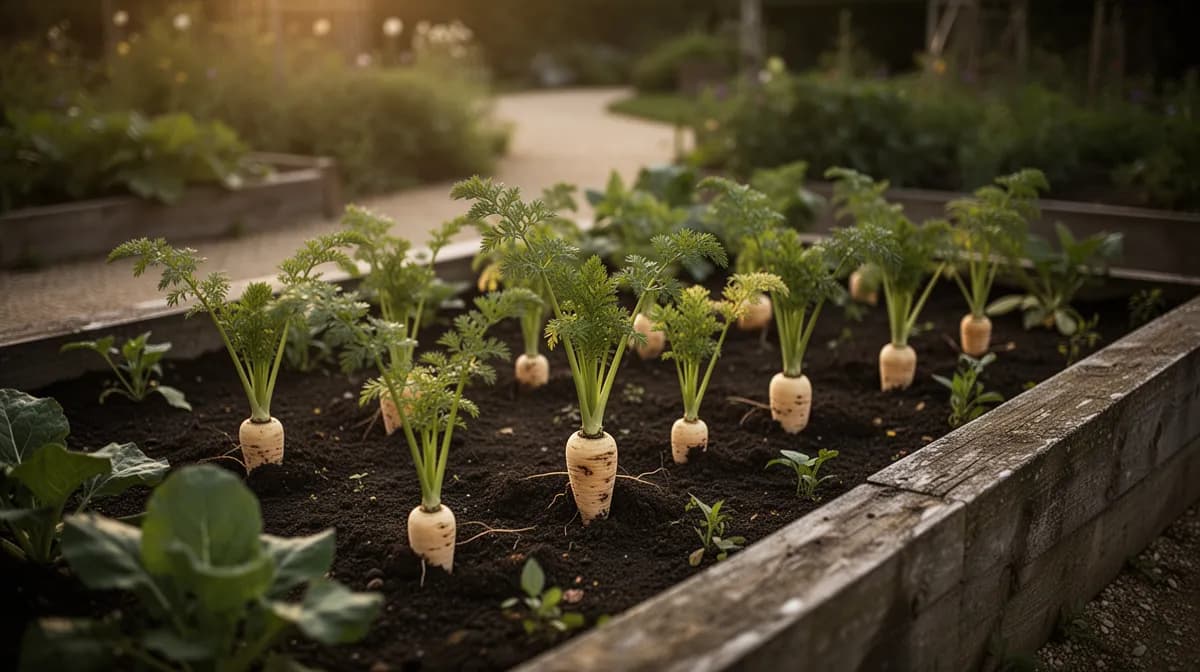 Parsnip plants in a deeply prepared raised bed
