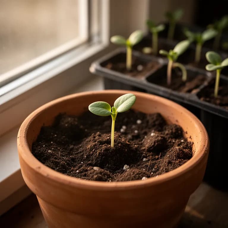 Young parsnip seedlings emerging with first true leaves