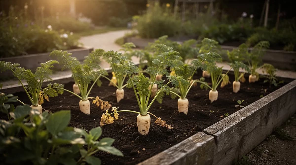 Neat row of Hollow Crown parsnips growing in deeply worked raised bed with rich dark soil
