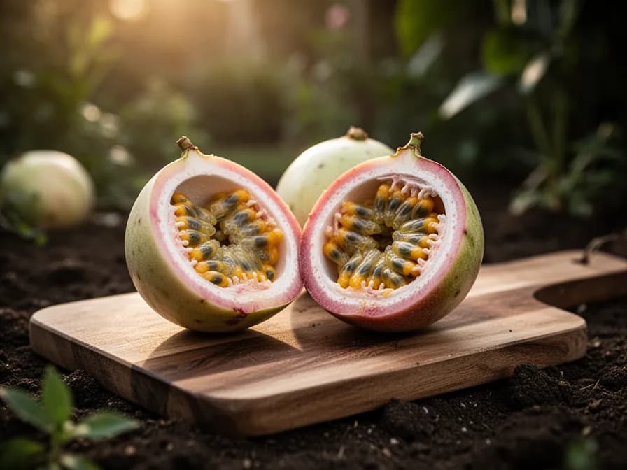 Yellow passion fruit variety on the vine with bright golden skin