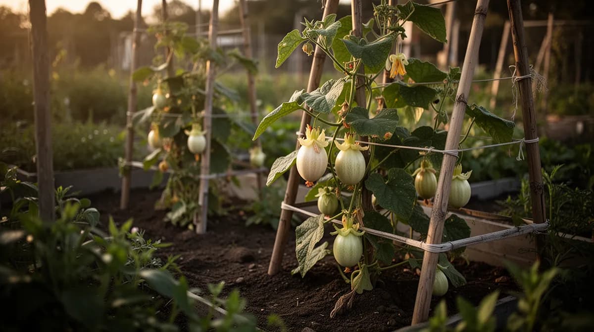 Passion fruit vine climbing a wooden trellis with lush green foliage