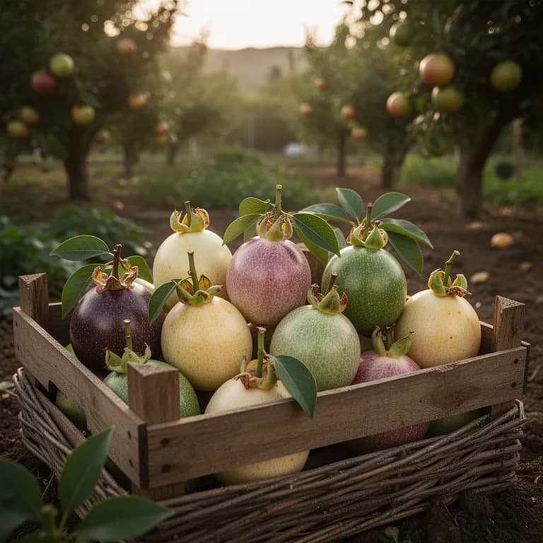 Deep purple ripe passion fruits hanging from a vine