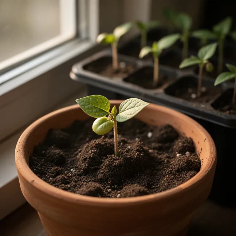 Young passion fruit seedling with tendrils beginning to form